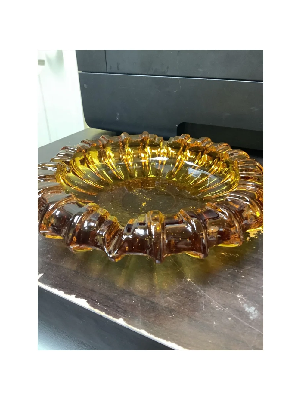 Sunburst Vintage Ashtray Large Heavy Amber Glass 7” MCM Tobacciana Cigar Pipe